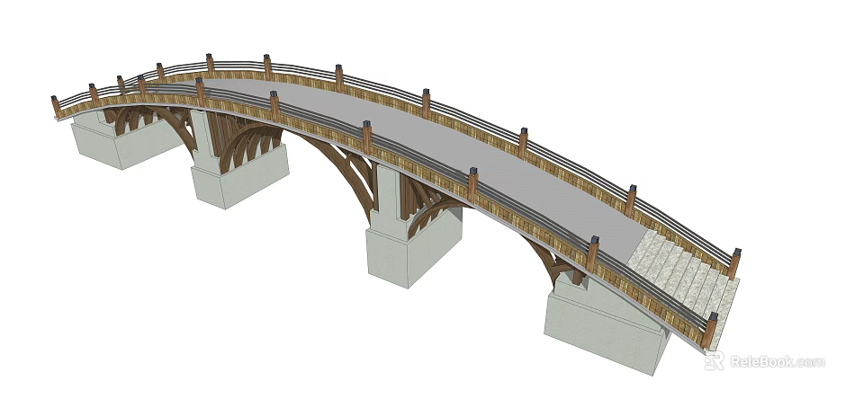 Landscape Bridge With Arched Structure Brown Railings And White Supporting Pillars 3d model