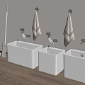Utility Cleaning Station With Three White Square Sinks Wooden Floor And Hanging Towels
