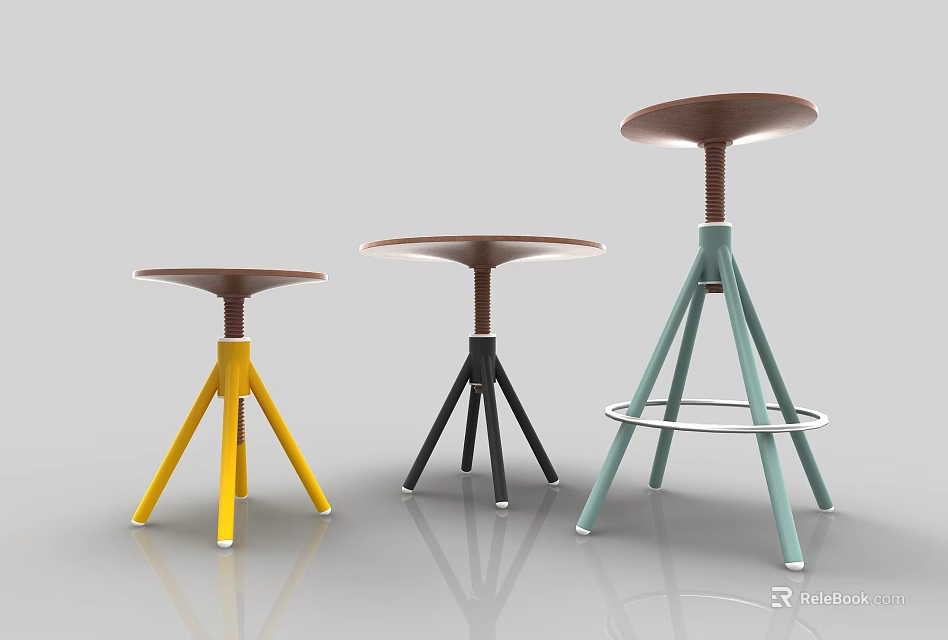 Dining Stools With Round Seats And Three Different Colored Legs Yellow Black Light Green 3d model