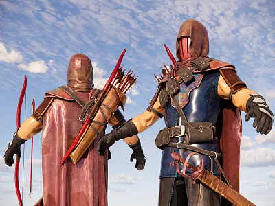 Medieval Archer Game Movie Characters in Red Cloaks Blue Armor with Bows Arrows 3d model