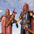 Medieval Archer Game Movie Characters in Red Cloaks Blue Armor with Bows Arrows