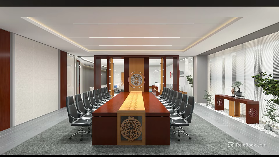 Modern Conference Room Interior With Long Wooden Table Black Chairs And Chinese Decor 3d model 