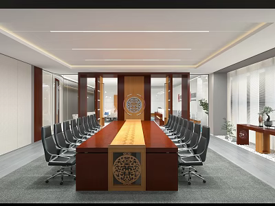 Modern Conference Room Interior With Long Wooden Table Black Chairs And Chinese Decor 3d model