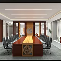 Modern Conference Room Interior With Long Wooden Table Black Chairs And Chinese Decor