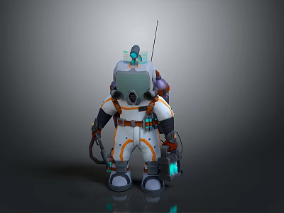 Futuristic White And Orange Spacesuit Character With Backpack Antenna And Handheld Tools 3d model