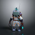 Futuristic White And Orange Spacesuit Character With Backpack Antenna And Handheld Tools