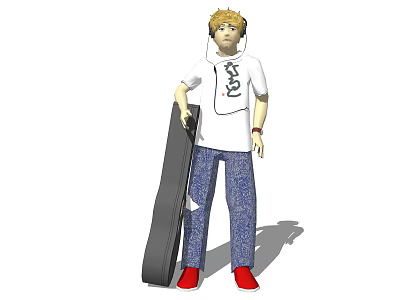 Detailed Sculpture Carving of Figure in White T shirt Blue Patterned Pants Red Shoes Holding Skateboard 3d model