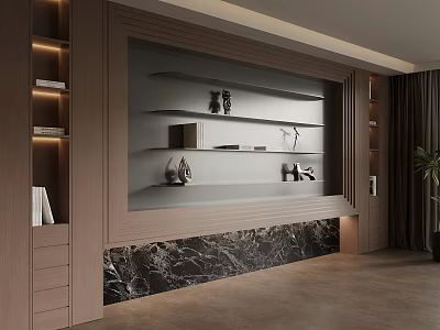 Modern Background Wall with Wooden Trim Marble Base and Shelves Holding Decorative Items 3d model