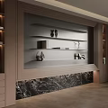 Modern Background Wall with Wooden Trim Marble Base and Shelves Holding Decorative Items