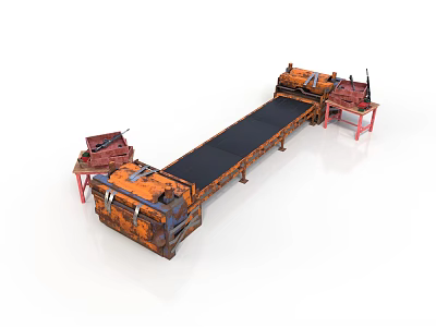 Rusty Industrial Conveyor Belt Equipment With Long Black Belt And Orange Red Structures 3d model