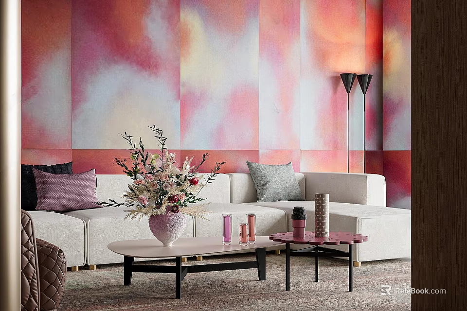 Modern Lounge Area Featuring Colorful Watercolor Mural White Sofa Purple Gray Cushions and Floor Lamp 3d model 