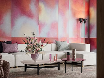 Modern Lounge Area Featuring Colorful Watercolor Mural White Sofa Purple Gray Cushions and Floor Lamp 3d model