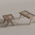 Two Minimalist Wooden Side Tables With Geometric Legs And Woven Tops