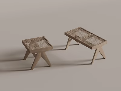 Two Minimalist Wooden Side Tables With Geometric Legs And Woven Tops 3d model