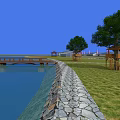 Scenic Landscape Bridge with Blue Water Stone Shore Green Grass Trees Pavilions Red White Lighthouses