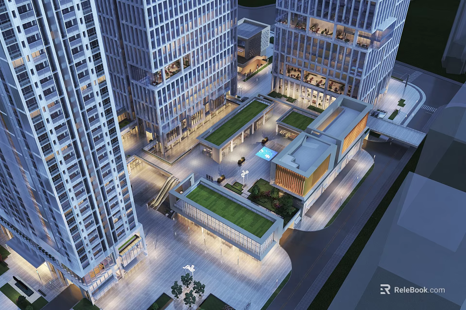 Modern Office Building With Glass Curtain Wall Green Roof Courtyard And Night View 3d model 
