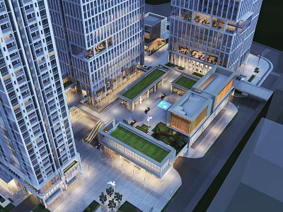 Modern Office Building With Glass Curtain Wall Green Roof Courtyard And Night View 3d model