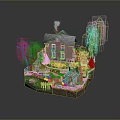Charming Floating Island Landscape with Cozy House Willow Trees Small Pond Pathway and Decorations