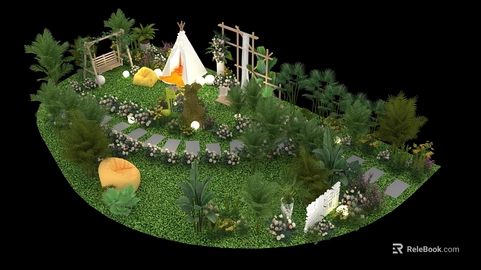 Outdoor Garden Design Featuring Teepee Tent Fire Pit Stone Pathway And Lush Greenery 3d model 
