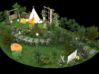 Outdoor Garden Design Featuring Teepee Tent Fire Pit Stone Pathway And Lush Greenery 3d model