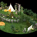 Outdoor Garden Design Featuring Teepee Tent Fire Pit Stone Pathway And Lush Greenery