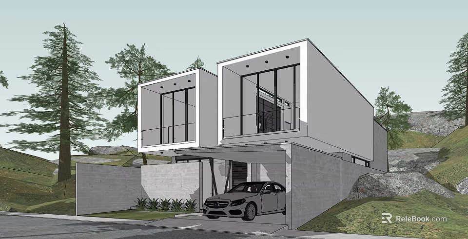 Modern Single Family House Exterior Featuring Large Glass Windows Garage Car And Surrounding Trees 3d model 