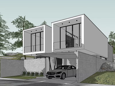 Modern Single Family House Exterior Featuring Large Glass Windows Garage Car And Surrounding Trees 3d model