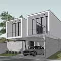 Modern Single Family House Exterior Featuring Large Glass Windows Garage Car And Surrounding Trees