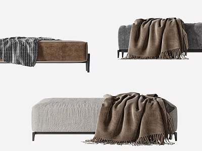Stylish Sofa Bench With Brown Fringe Blanket And Gray Fabric Design 3d model