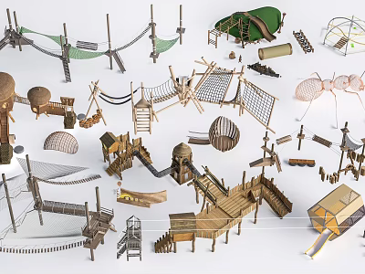 Children’s Outdoor Playground Equipment Featuring Wooden Climbing Frames Slides Rope Bridges and Tunnels 3d model