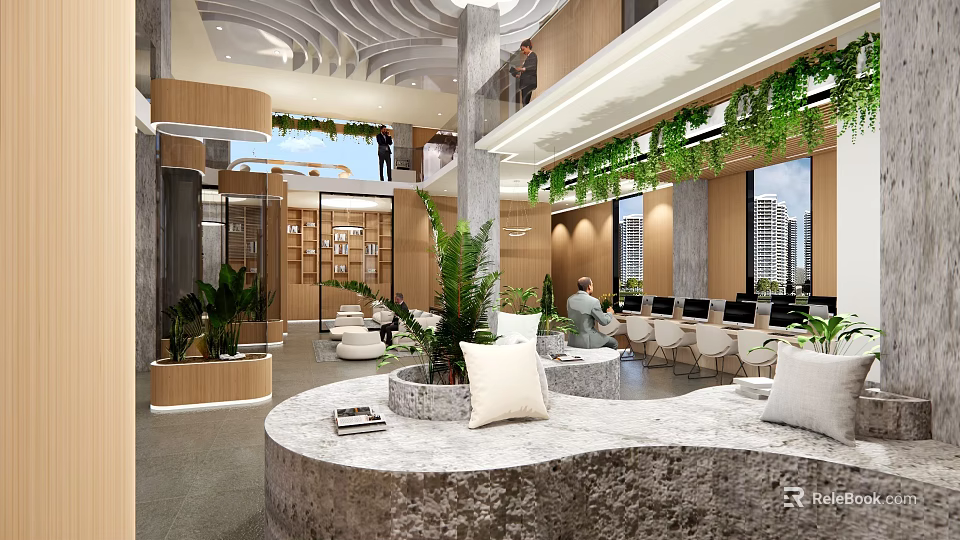 Modern Front Desk Reception Area With Open Layout Green Plants Comfortable Seating And Marble Counter 3d model 