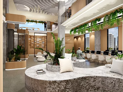 Modern Front Desk Reception Area With Open Layout Green Plants Comfortable Seating And Marble Counter 3d model