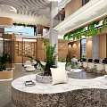 Modern Front Desk Reception Area With Open Layout Green Plants Comfortable Seating And Marble Counter