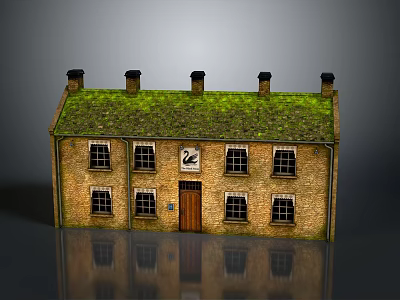 Traditional Brick Building with Green Moss Covered Roof Five Chimneys Multiple Windows and Wooden Door 3d model