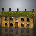 Traditional Brick Building with Green Moss Covered Roof Five Chimneys Multiple Windows and Wooden Door