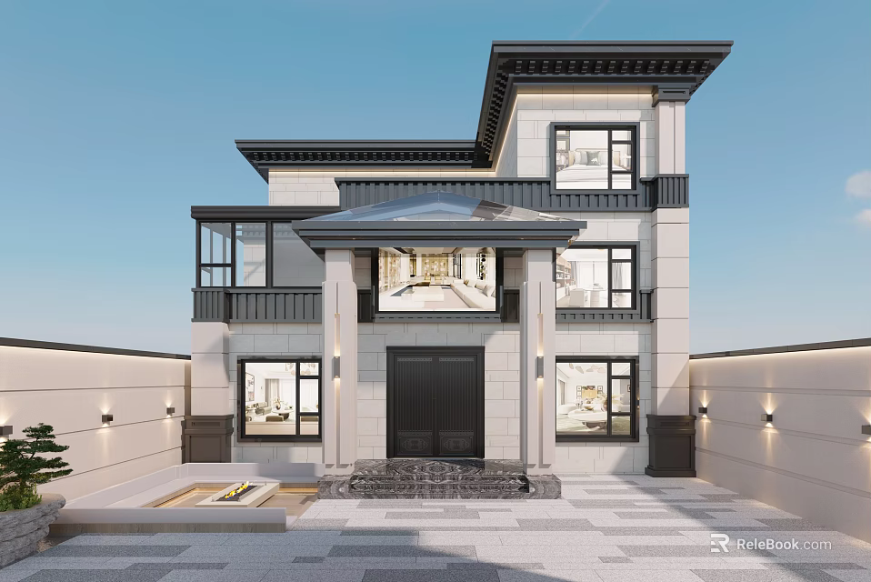 Modern Chinese Style Two Story Detached Villa With Black Door White Gray Facade Balcony 3d model 