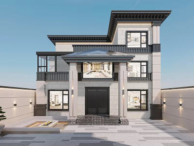 Modern Chinese Style Two Story Detached Villa With Black Door White Gray Facade Balcony 3d model