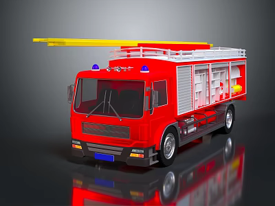 Red Fire Truck With Yellow Ladder And Blue Emergency Lights 3d model