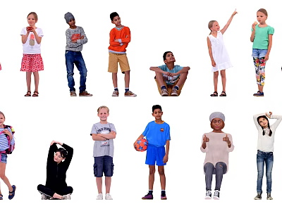 Group of Kids in Various Poses Wearing Different Colorful Clothes on White Background 3d model