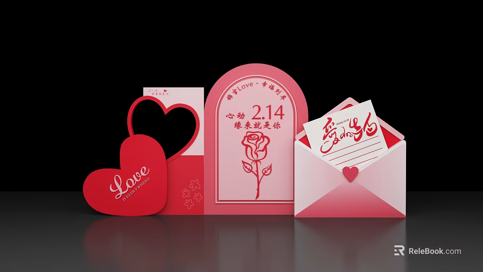 Romantic Valentine's Day Photo Spot With Heart Decor Rose And Love Envelope 3d model 