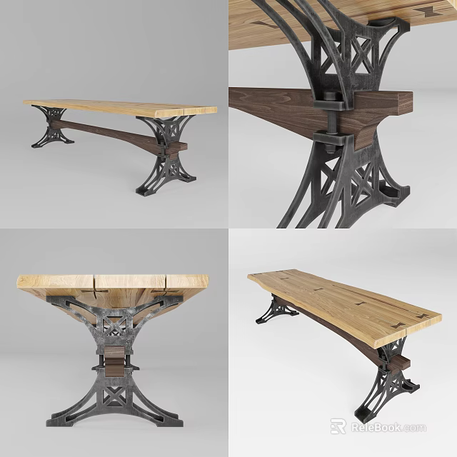 Industrial Style Dining Table With Solid Wooden Tabletop And Decorative Iron Legs Design 3d model 
