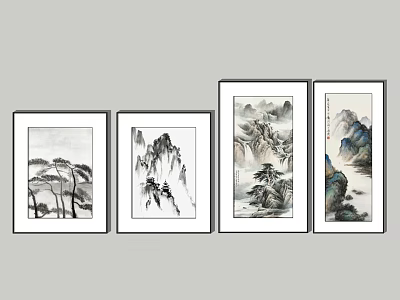 Four Framed Chinese Mountain Landscape Paintings With Pine Trees And Traditional Art Style 3d model