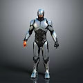 Futuristic Sci Fi Robot Character With Silver Black Armor Glowing Eyes And Orange Hand Details