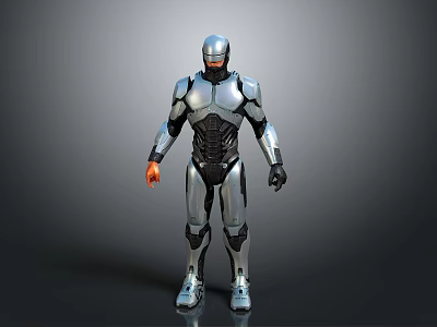 Futuristic Sci Fi Robot Character With Silver Black Armor Glowing Eyes And Orange Hand Details 3d model