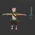 Cartoon Tiger Character Wearing Striped Sleeves Scarf Shorts With Outstretched Arms And Sword