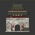 Traditional Chinese City Gate Tower With Green Roof Red Railings And Stone Wall Structure