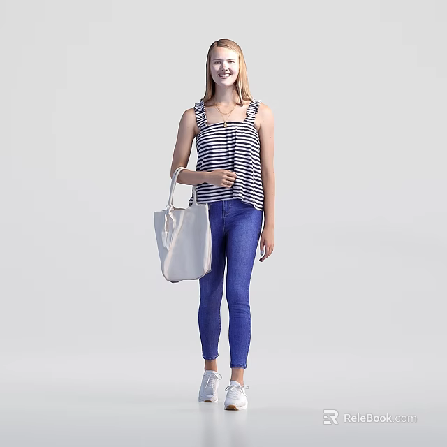 Women in Striped Tops Blue Jeans and White Shoes with Beige Tote Bags 3d model 