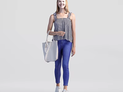 Women in Striped Tops Blue Jeans and White Shoes with Beige Tote Bags 3d model