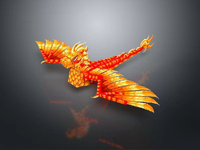 Golden Red Flying Phoenix With Fiery Feathers And Shiny Texture And Reflection On Dark Background 3d model