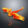 Golden Red Flying Phoenix With Fiery Feathers And Shiny Texture And Reflection On Dark Background